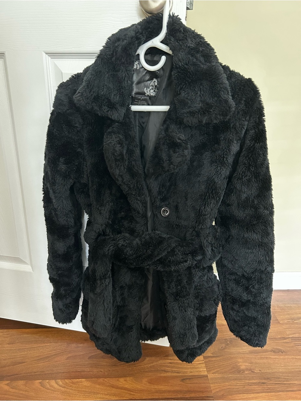 Women's Black Teddy Faux Fur Belted Coat